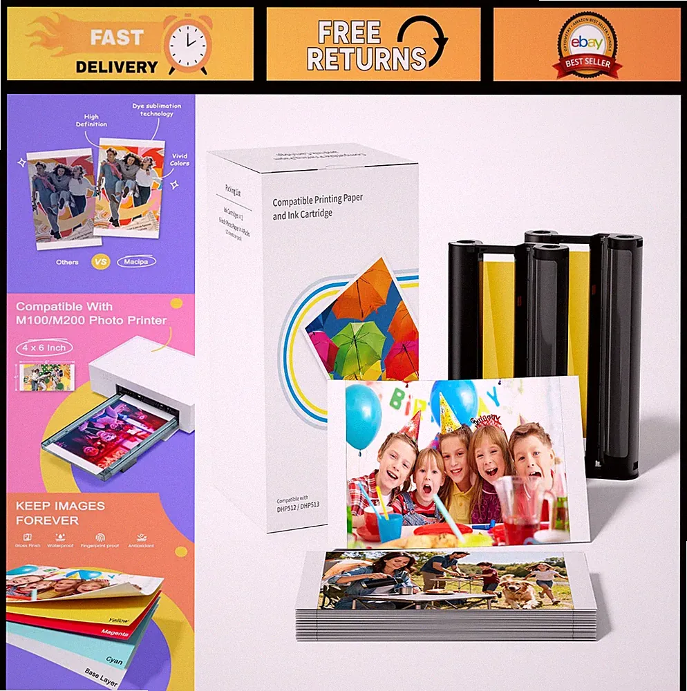 4x6" Photo Printer Ink Cartridges & 80 Sheets Refill, Dye Sublimation, No Fade